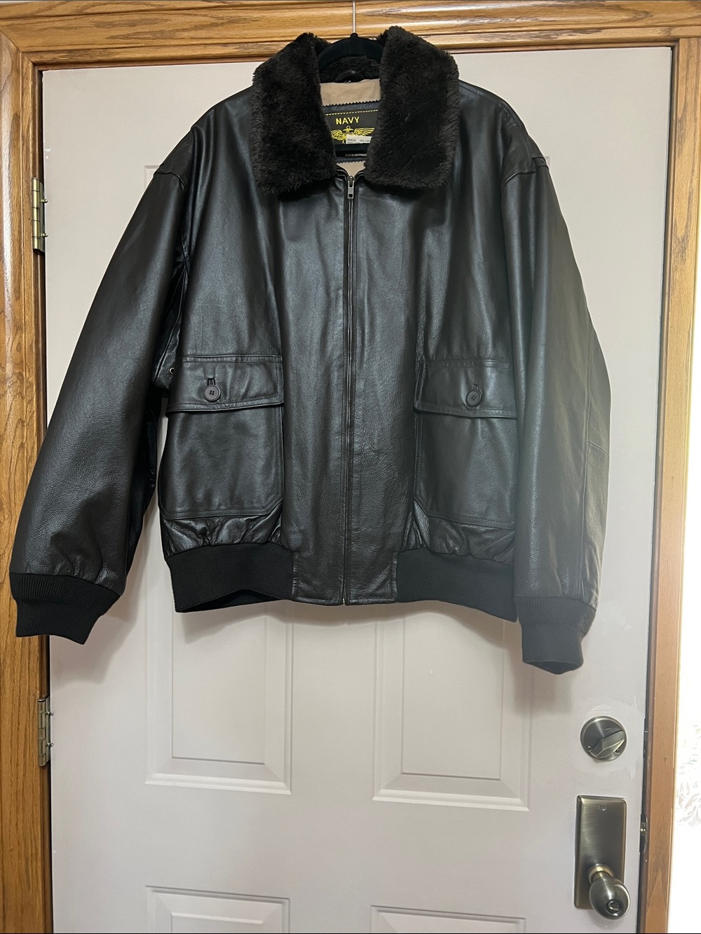 Landing Leathers men’s premium Navy G-1 leather jacket.